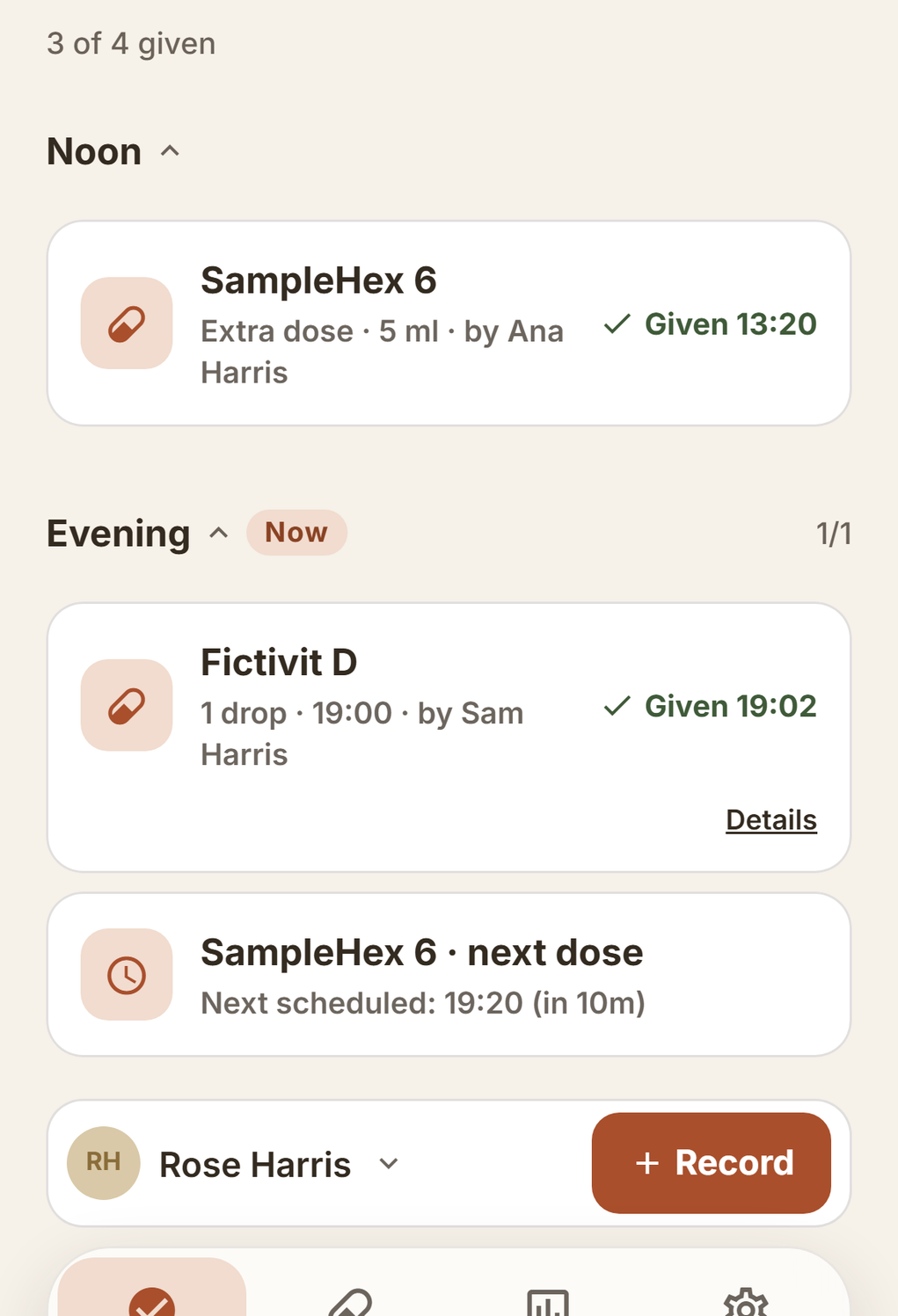 As-needed medicine card showing the last dose and the next time you set