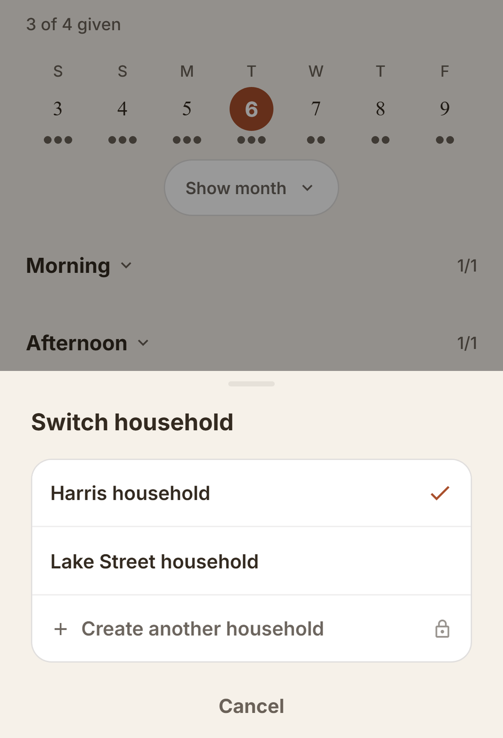 The household switcher, with two households listed
