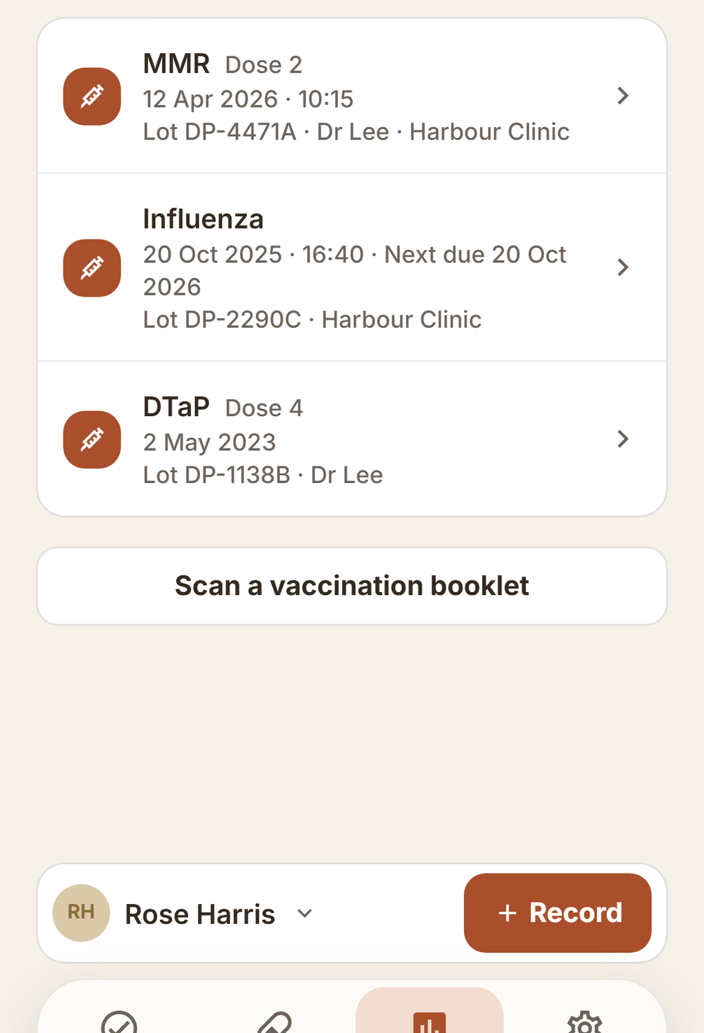Vaccination record with one entry marked recorded and a reminder on a date the family chose